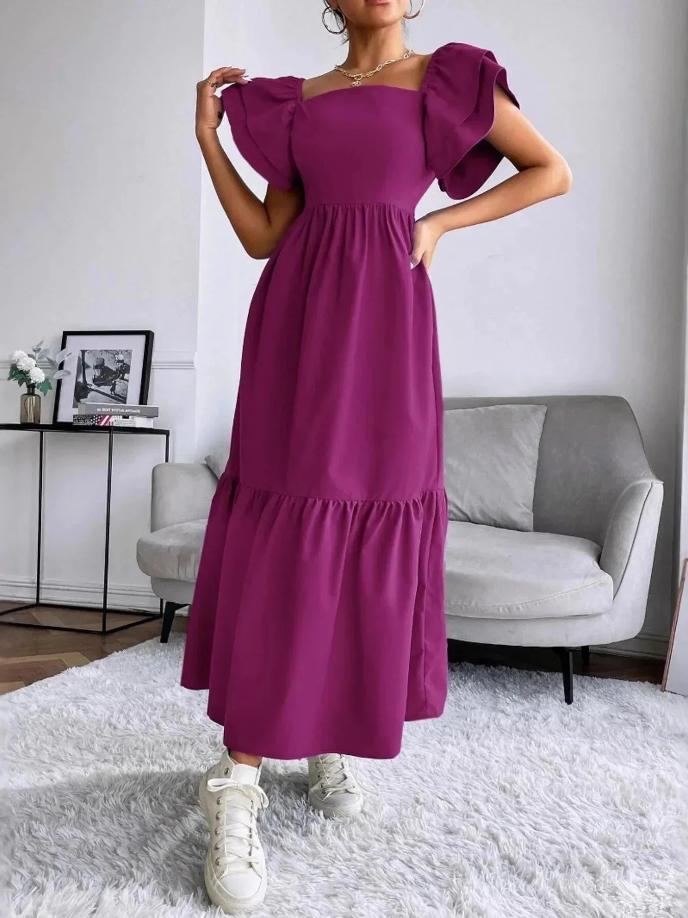 Tiered Square Neck Maxi Dress - VILLA FASHION